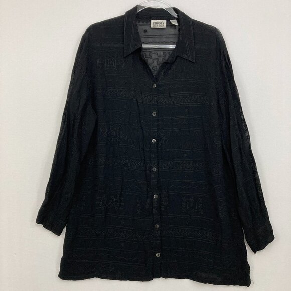 Chico's size Large/2 Black Semi Sheer Embroidered Artsy Relaxed Button Up Tunic - Picture 1 of 10